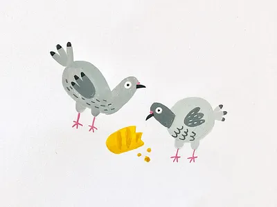 Baguette Buddies baguette birds france gouache illustration painting pigeons