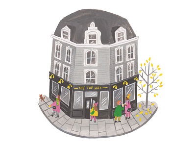 Happy Friday building friday gouache greyscale illustration london painted pub