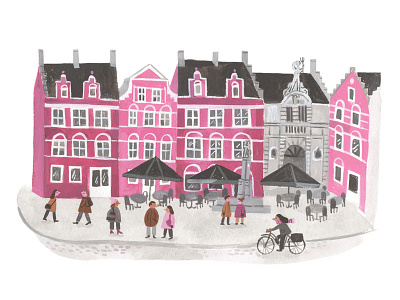 Ghent belgium buildings city ghent gouache illustration minimal palette painting