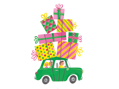 Christmas Haul christmas colourful family festive fun gouache holidays illustration mini cooper presents