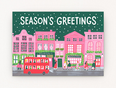 Holiday High Street christmas festive gouache greeting card high street holidays illustration london minimal palette painting red bus shopping