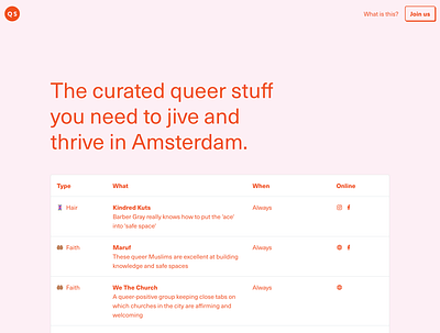 Launch of Queer Salon amsterdam curation directory neue haas unica one pager orange pink product design side project ui uidesign