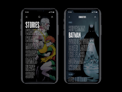 DC Concept App – Main menus app batman black comics concept interface typography ui ux web