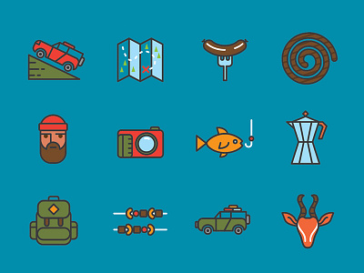 Outdoors backpack camp camping fishing food icons illustration nature outdoors outside travel