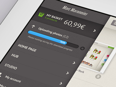 Left Menu Ipad 400 app appstore basket green grey interface ipad mobiledesign photo progress textured upload