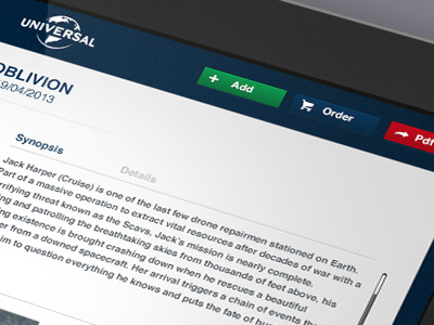 UNIVERSAL Ipad : action buttons add buttons catalog interface ipad mobiledesign movies pdf synopsis ui universal ux