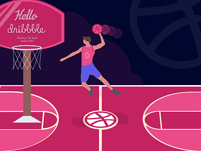 Hello Dribbble!!! ball basketball colours design dribbble first shot game hello illustration player shot sports