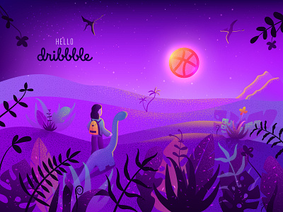 First shot! adobe illustrator debut dino dinosaur first shot hello dribbble illustration jungle purple vector violet