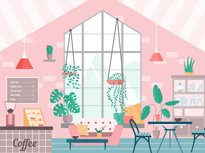 Cute cafe illustration adobe illustrator cafe cafe interior coffee cozy cute flat illustration interior menu plants thailand