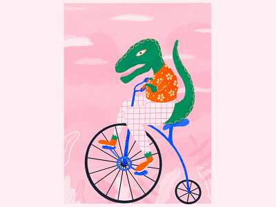T-Rex riding penny farthing 2d bike cute dinosaur dtiys illustration pattern pink procreate procreate art procreateapp redraw t rex texture tyrannosaur