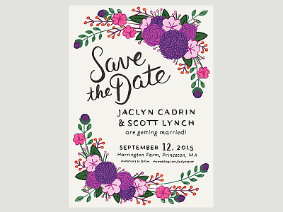Floral Save the Date bouquet florals flowers hand lettering illustration lettering pink purple save the date script wedding
