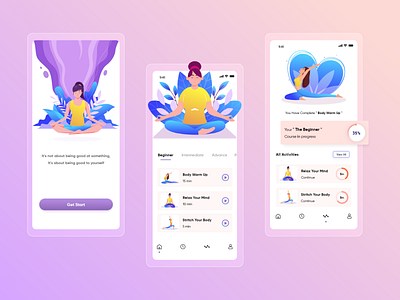 Yoga app concept design. app design colorful ui daily yoga glass effect graph ui homepage landingpage onboarding ui ux yoga yoga app yoga illustration