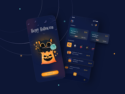 Halloween app adobexd app app design cart colorfului dailyshots darktheme darkui ecommerce eventapp figma halloween illustration illustrations mobileapp onbording sketch ui ux uxuidesign