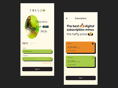 TRENZO - Personal wardrobe app appdesign behance clean ui clothng designinspiration dribbble fashion interfacedesign login minimal app mobileapp retro signin subscription subscription plan ui uidesign ux uxdesign wardrobe