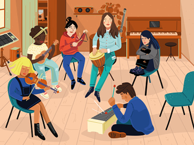 Group Music Therapy adobe illustrator belgian cesnauskaite diversity editorial freelancer illustration instruments music people teens therapy vector