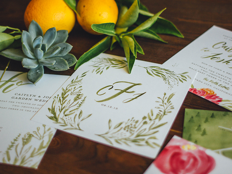 C + J Wedding Invite greenery foliage floral brush watercolor lettering calligraphy monogram wedding suite wedding