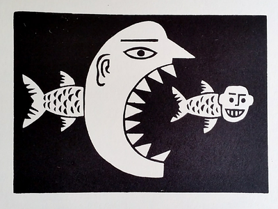 Feeling free fish illustration linocut printmaking