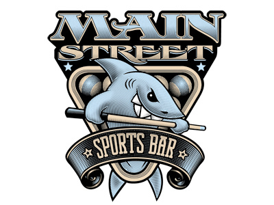 Main Street Sports Bar bar etching line art logo pool shark sports tshirt design