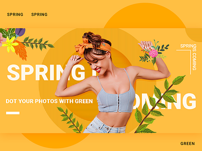 Spring girl banner beautiful clothes color dance design green gui happy illustrations orange plant round sticker the beauty ui ux visual womans yellow