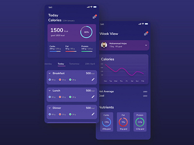 Calories Counter Dashboard Fitness app, Dark Version