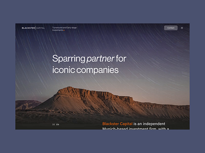 Investment Company Website — Blackster Capital 2020 3d acumin animation blackster canvas capital carousel corporate early stage figma footer investment neue haas grotesk orange scroll turnaround ui unsplash vindar web design