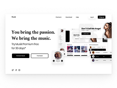 landing page for music app black and white landing page music app music website ui design web design website website design