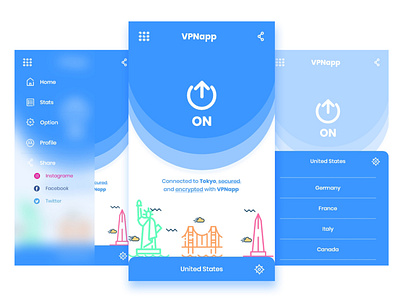 ineface of VPN app app design photoshop simple ui design vector vpn app web design xd design