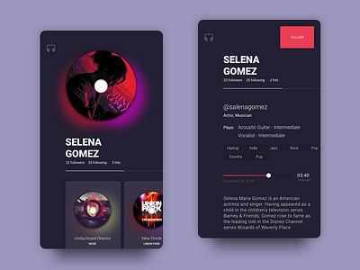 Musician Profile And Bio android community dailyui design interface ios mobile app music profile salena gomez ui ux