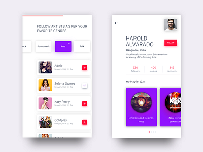 Onborading And User Music Profile artist design flat follow interface mobile music onboarding profile tenory ui ux