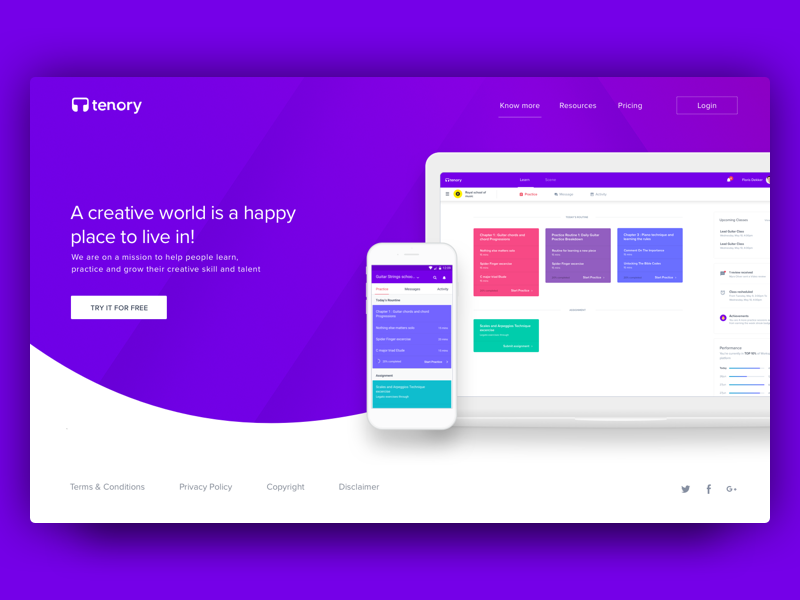 Tenory consumer landing website student practice learning interface design creative ui ux management class website design music tenory