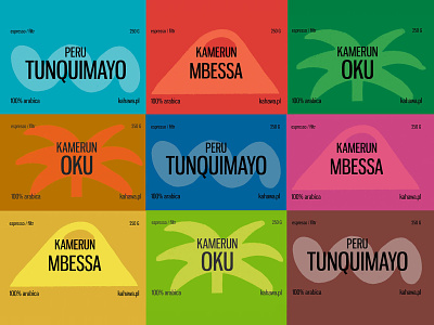 Coffee labels for a local roastery (work in progress) africa cameroon coffee color colorful illustration label latin america mountain pakaging palm peru pop art roastery