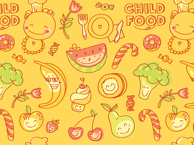 Child food seamless pattern child food fruits hand drawn icons illustration kids menu restaurant seamless pattern smiley face sweets vector vegetables