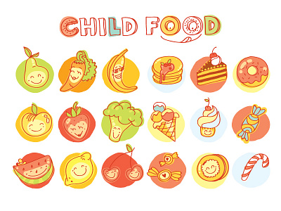 Child food cute icons child food fruits hand drawn icons illustration kids menu restaurant seamless pattern smiley face sweets vector vegetables