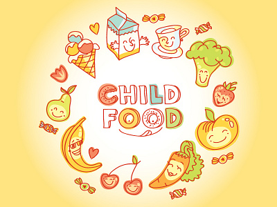 Child food template child food fruits hand drawn icons illustration kids menu restaurant seamless pattern smiley face sweets vector vegetables