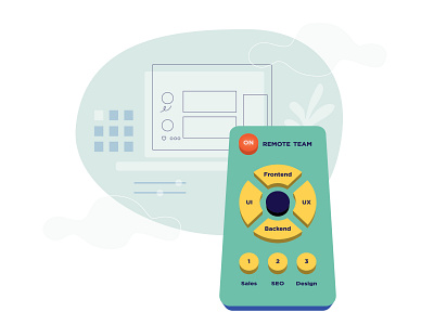 Working with remote team blue desk flat icon icons illustration internet panel remote remote control remote team remote work team vector yellow