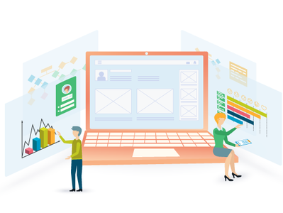 Flat illustration of design process digital diagram wireframe screen workplace teamwork infographic front flat vector landing page design illustration ui ux designer