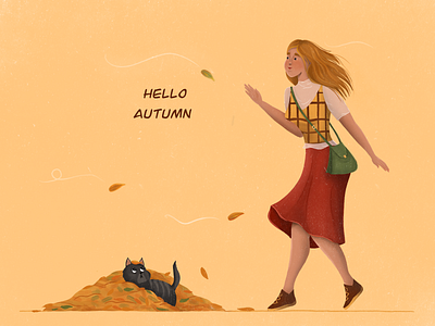 Hello Autumn autumn cat fall illustration procreate