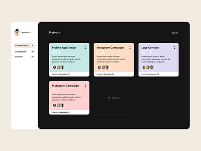 Task Manager Dashboard concept modern saas trendy ui ux webdesign