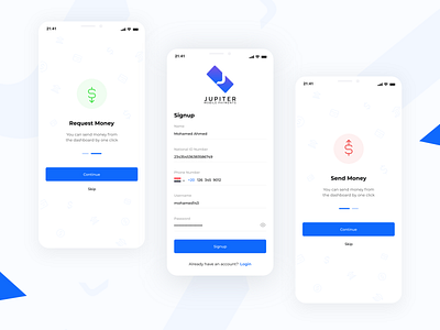 Jupiter Payment App best design dribbble best shot finance app graphic design login mobile app design money app onboarding onboarding screens onboarding ui payment payment app product design registration signup ui ux design user experience design user interaction user interface design visual design