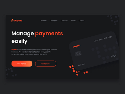 PayMe | Fintech Landing Page banking brand identity branding design dark mode dark ui dribbble best shot finance fintech fintech app graphic design landing page design landing page ui payment app payment method product design ui ux design user experience design user interaction user interface design visual design