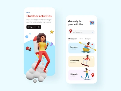 Outdoor Activities Mobile App 3d 3d illustration 3d ilustration activities app design creative humanity illustration ios app mobile app mobile app design outdoor outside rafting river skateboard travel trip