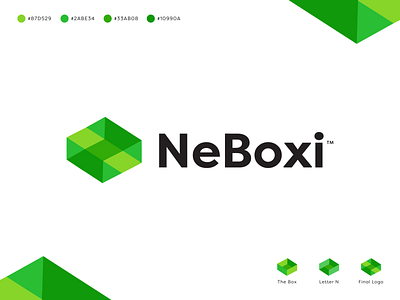 N For Neboxi Logo Design abstract logo best logo designer box brand identity branding brandmark financial fintech geometric box logo green investment isometric box logo lettermark logo logo design logotype modern logo money monogram n letter