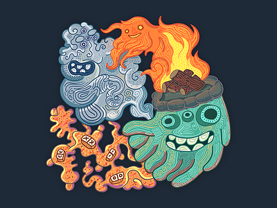 Drunk elementals! character design fire illustration sand water wind