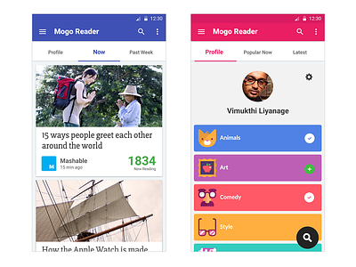 Mogo Reader Android App Material UI flat colors news app typography ui ux web