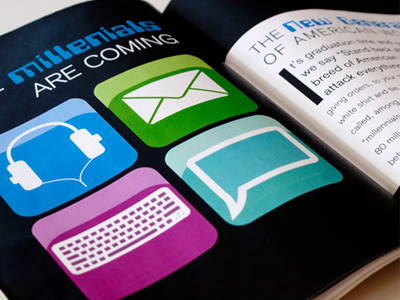 Millenial icon illustrator indesign magazine spreads typography