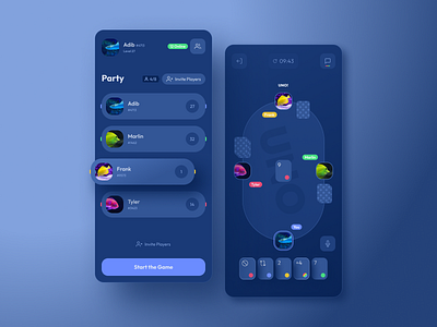 Tuno UI (When fish want to play Uno) app application card card game dark dark mode dark theme design game gamification gamify mobile night mode play playful ui uno user experience user interface ux