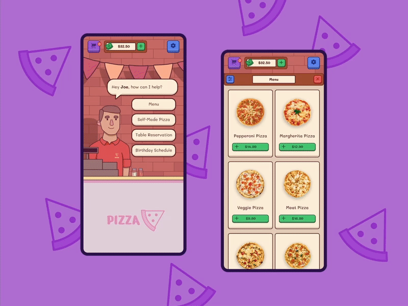 [Animated] Pizza Shop UI (Gamified) animation app application cartoon color palette concept design fantasy game gamify illustration interaction interaction design mobile motion retro ui ux
