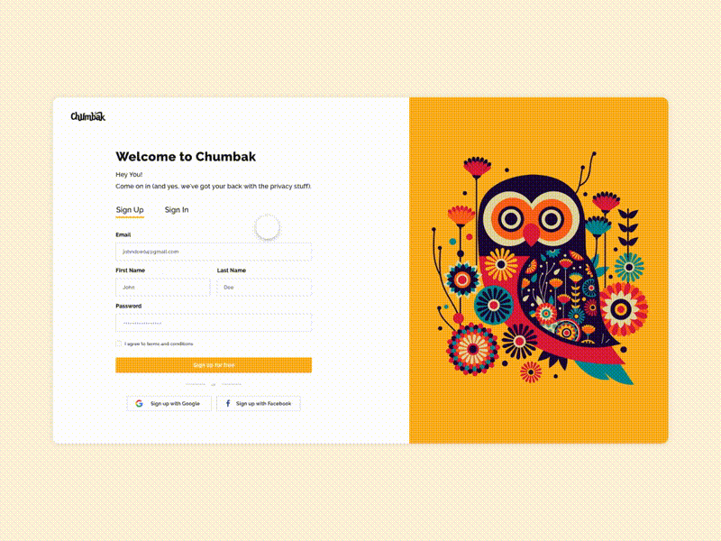 Chumbak Sign up and sign in tab design