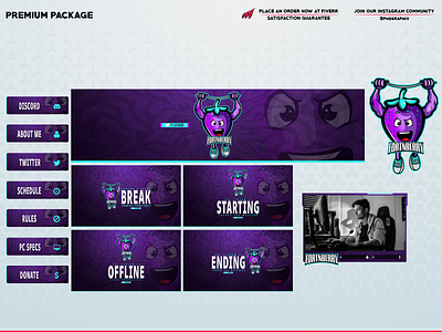 Purple Strawberry in a full twitch setup! 3d animation branding design graphic design illustration layout logo motion graphics streaming twitch twitch overlay ui vector