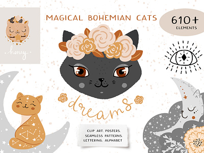 Magic & Boho Cats - Big Baby animal Set animals baby clipart baby illustration baby rainbow characters design cute cute baby cute cats design illustration kids kids clipart kids graphic kids rainbow kittens nursery posters for baby seamless patterns vector wall art